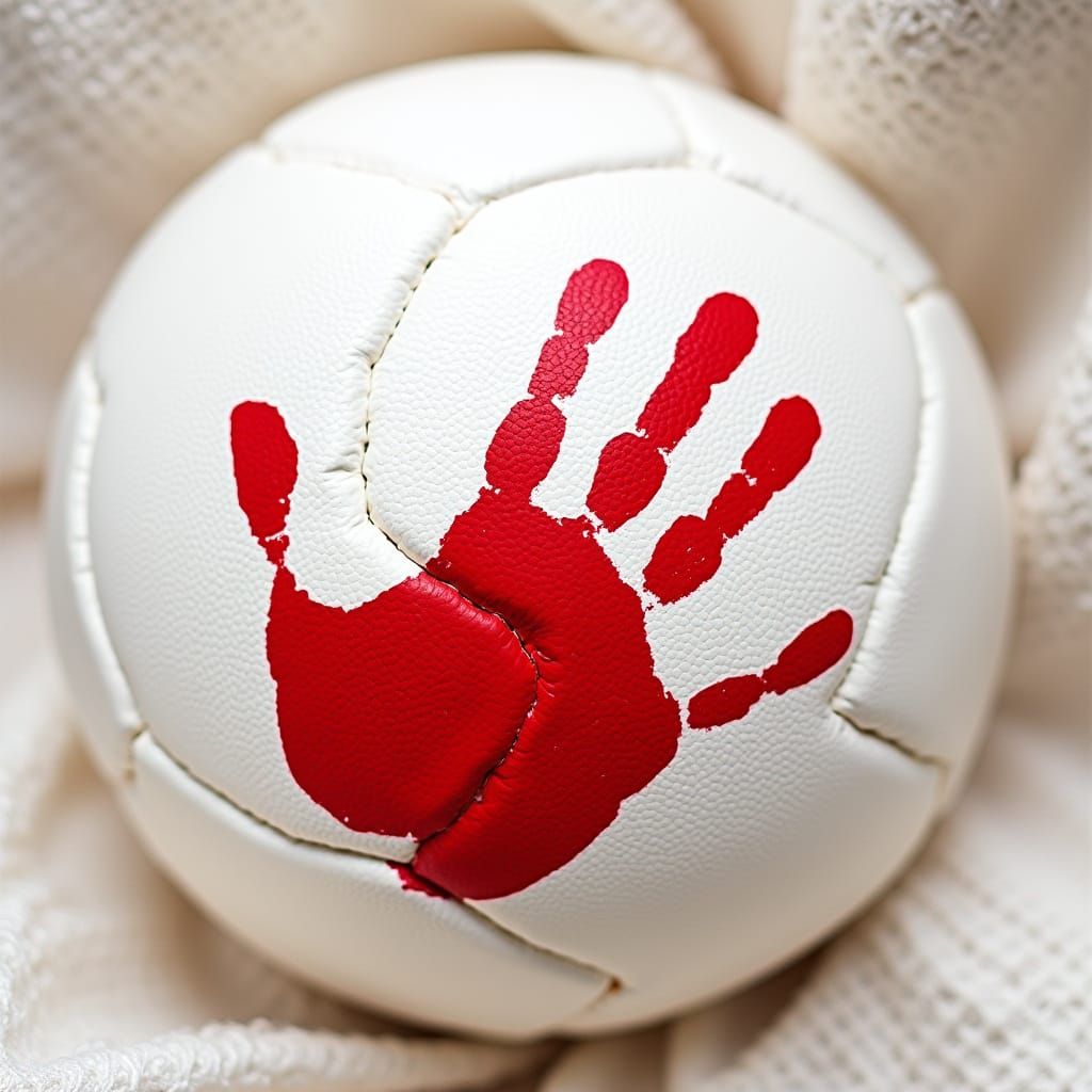 Bold Crimson Handprint on White Volleyball