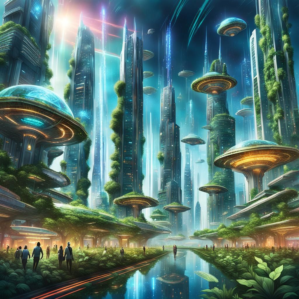 Futuristic Metropolis of Translucent Glass and Radiant Metal...