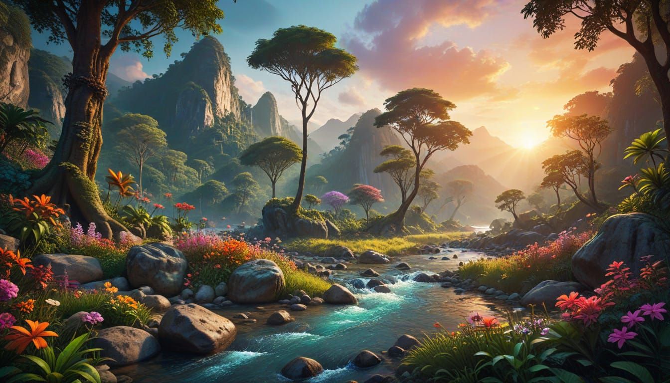 Surreal Jungle River Scene at Sunset