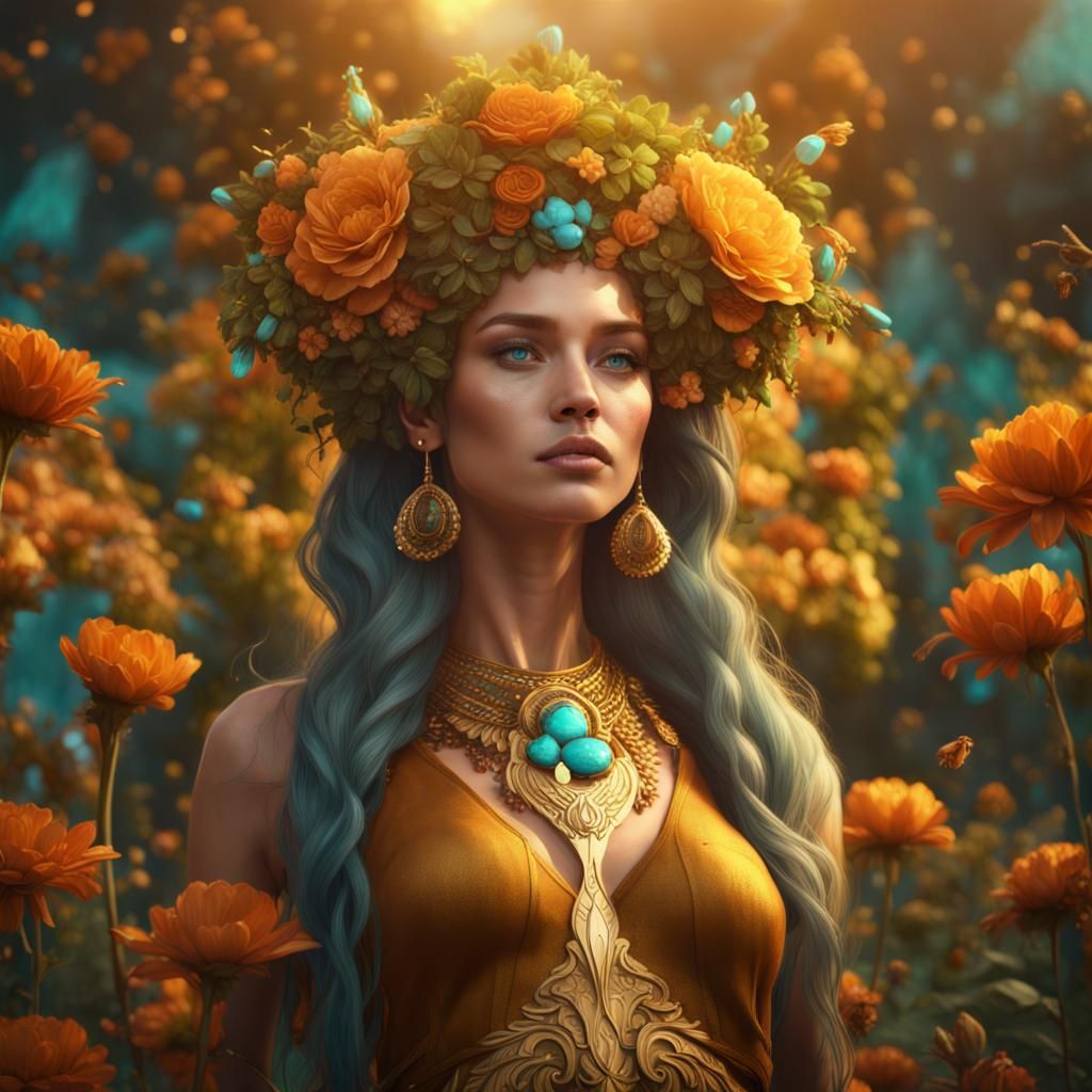 Goddess of Abundance with Floral Crown, Digital Art