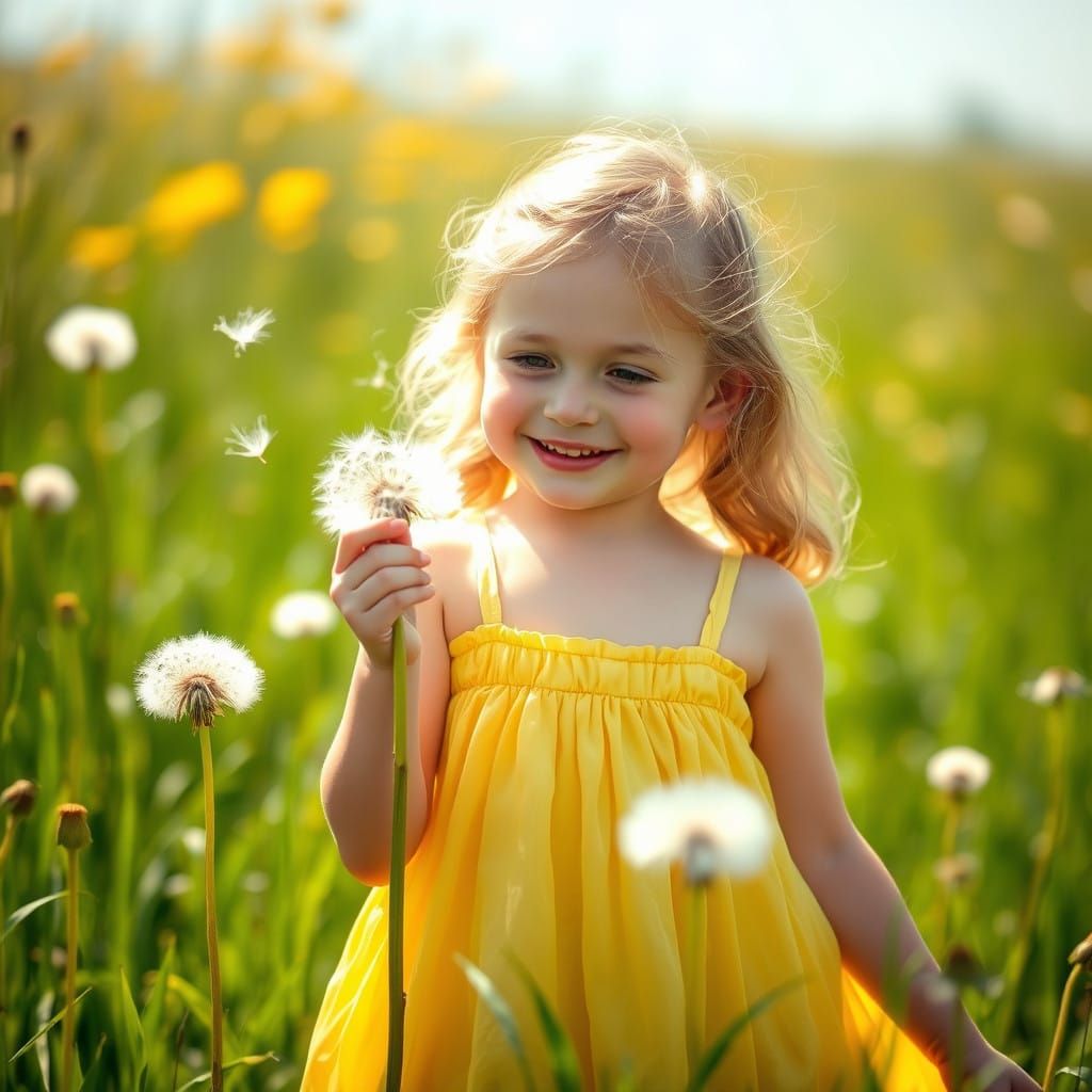Whimsical Girl Blows Dandelion Seeds in Sunny Meadow