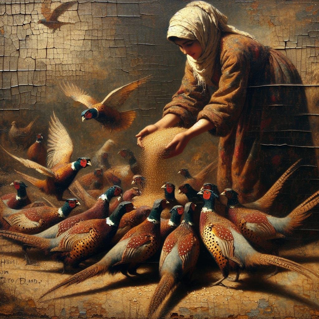 Peasant Woman Scatters Grain to Pheasants in a Charming Oil...