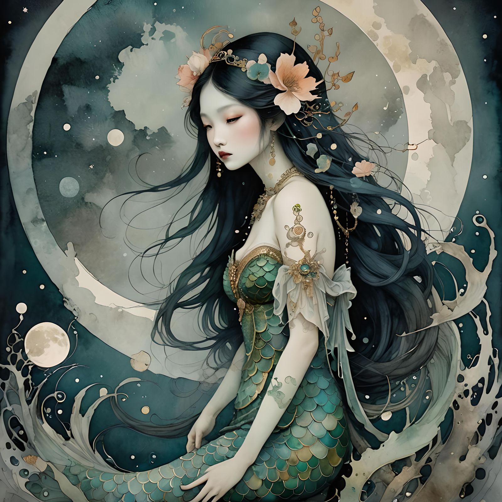 Mystical Asian Mermaid Under Full Moon