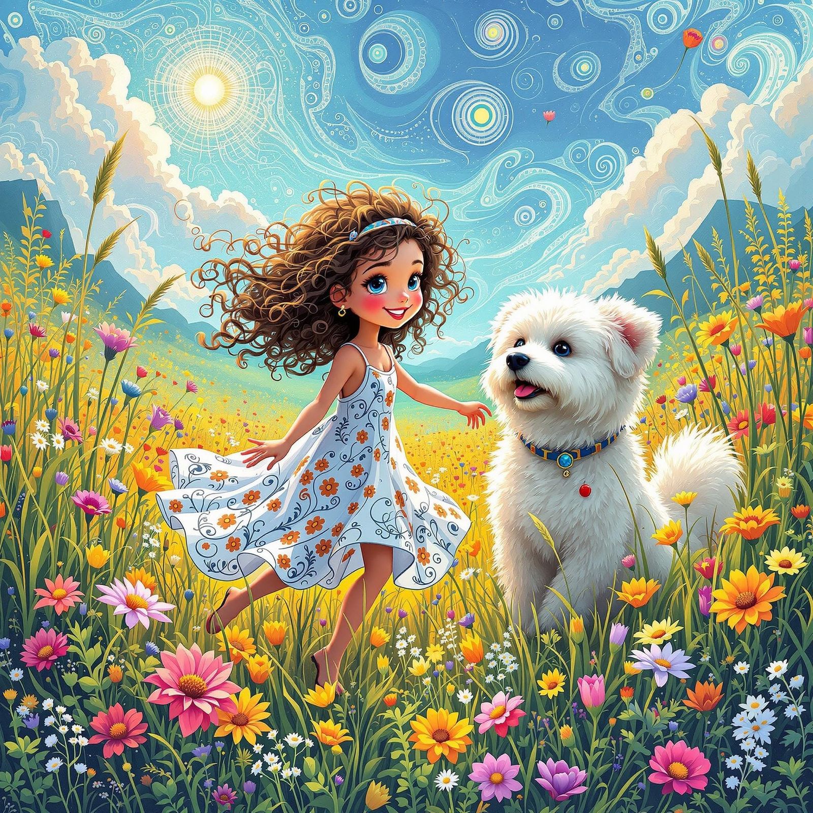Girl and Dog Playing in Fractal Field
