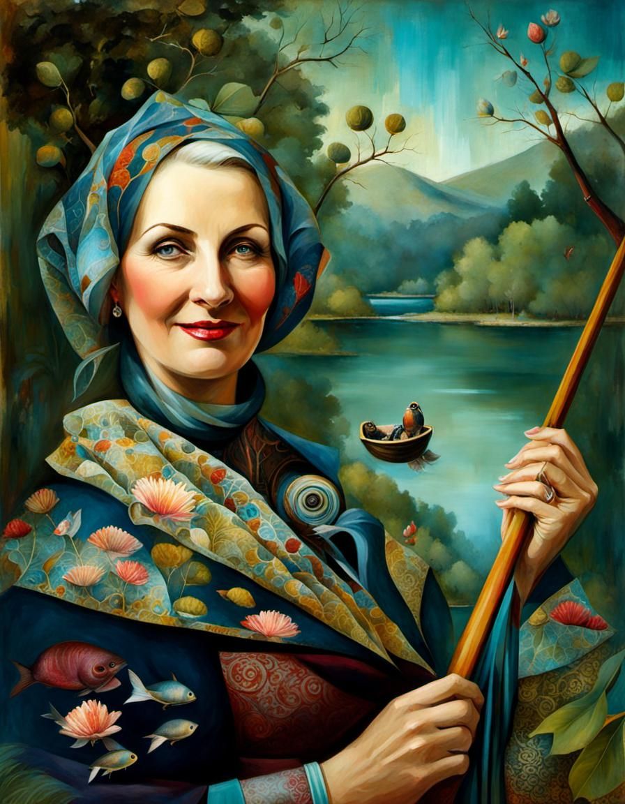 Surreal Pop Art Portrait of Happy Fisherwoman