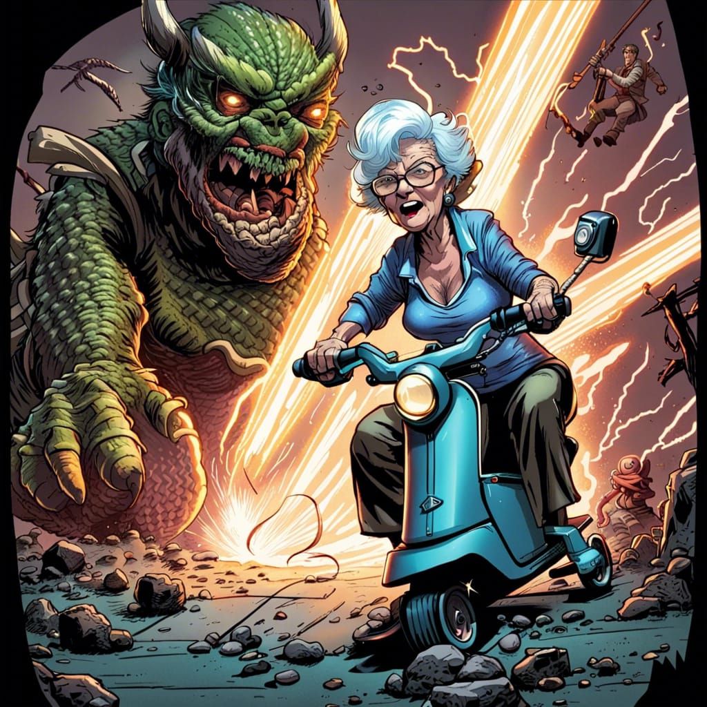 Elderly Woman Battles Monsters: Comic Book Art