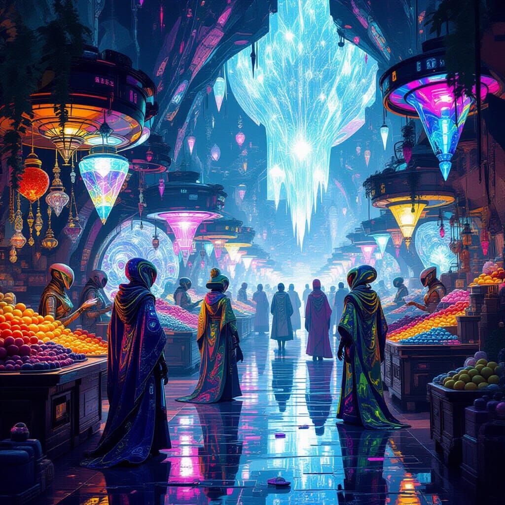 Bustling Alien Market on Bioluminescent Planet