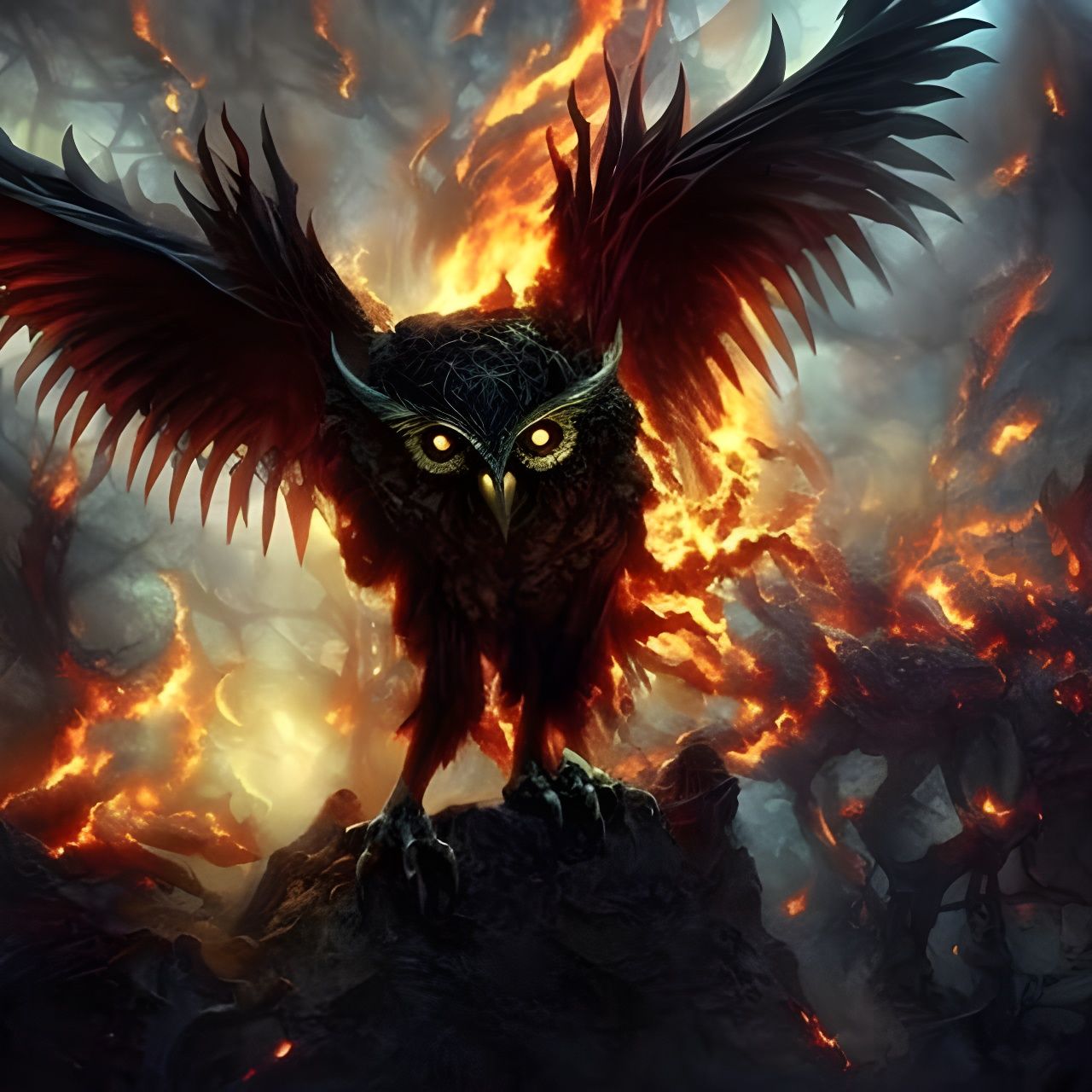 Fiery Demon Owl in Pagan Ritual: Digital Illustration