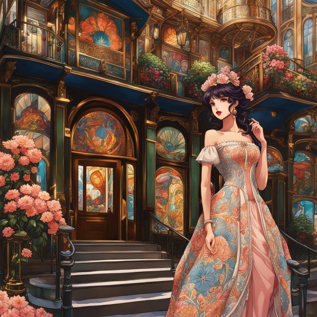 Art Nouveau Girl in Quilted Dress on City Street