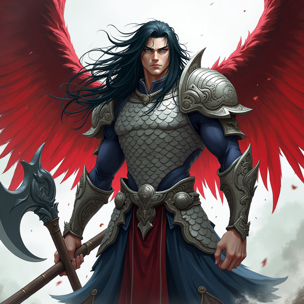 Armored Warrior with Crimson Wings in Manga Style