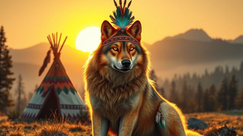 Majestic Golden Wolf in Native American Teepee Scene