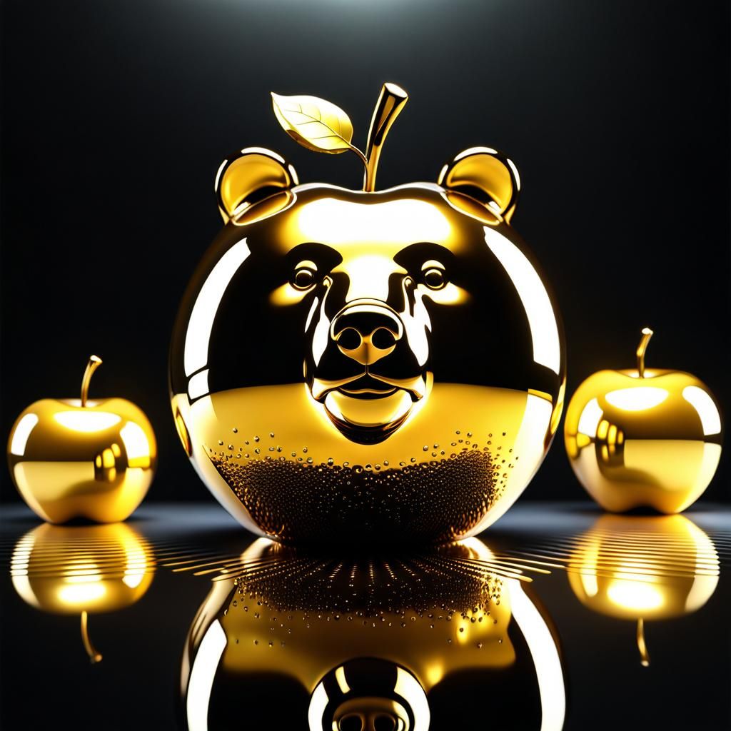 Bear's Reflection in Mirrored Golden Apple, 3D Render