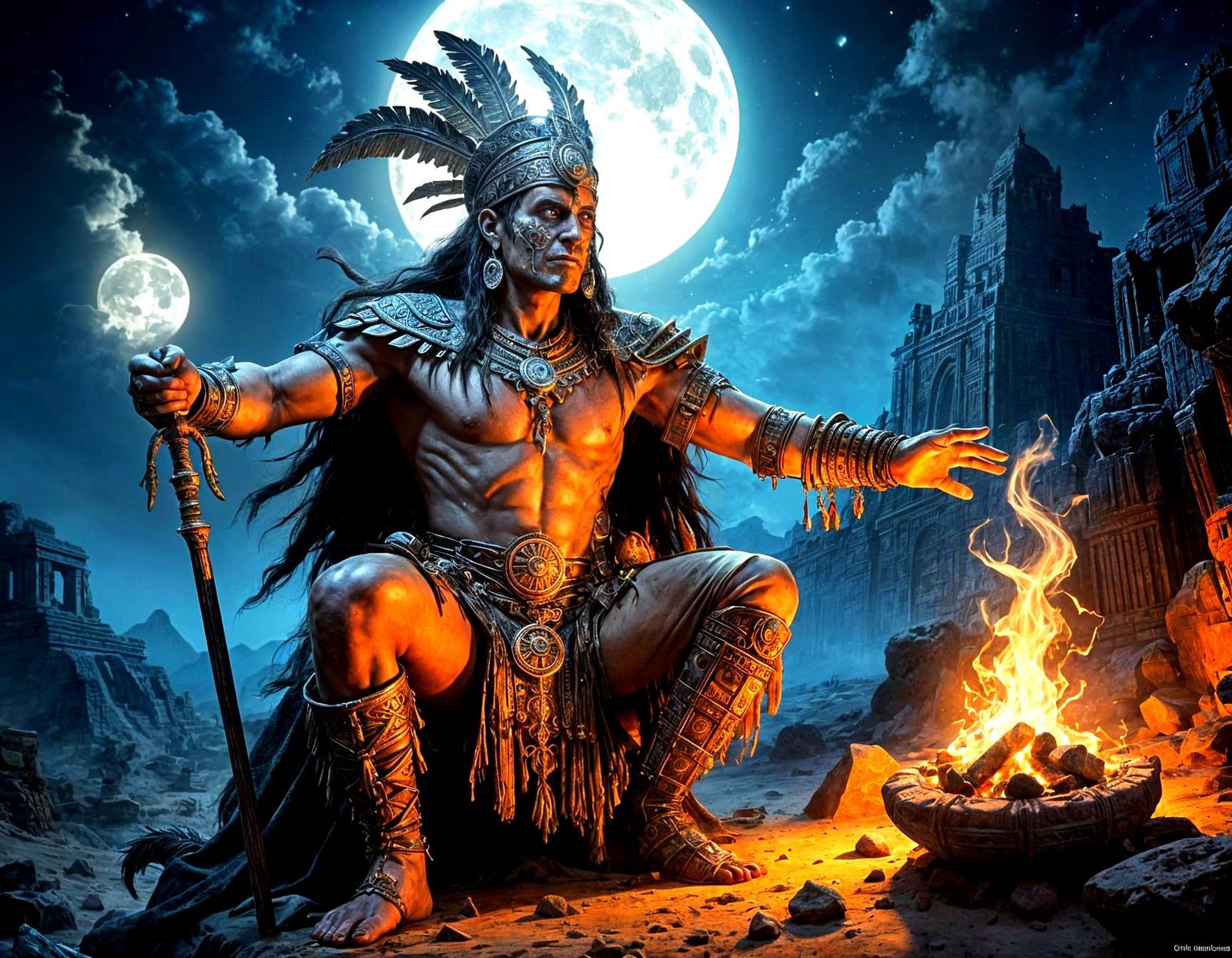 Aztec Warlock Necromancer in Ominous Desert Oil Painting