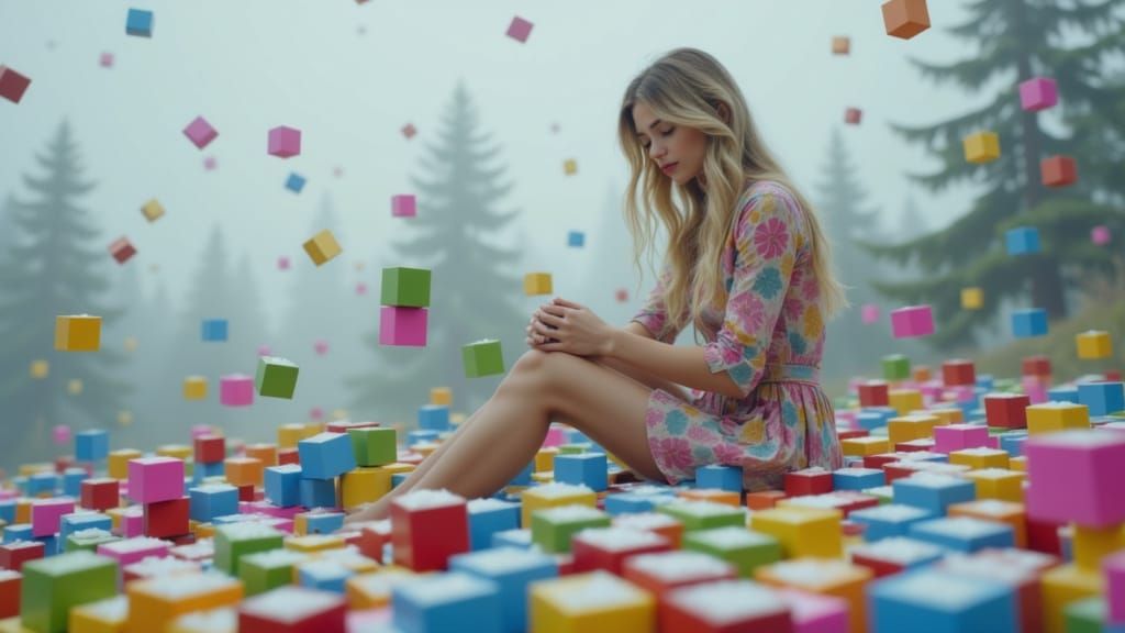 Realistic Woman on Tetris Blocks in Overcast Light
