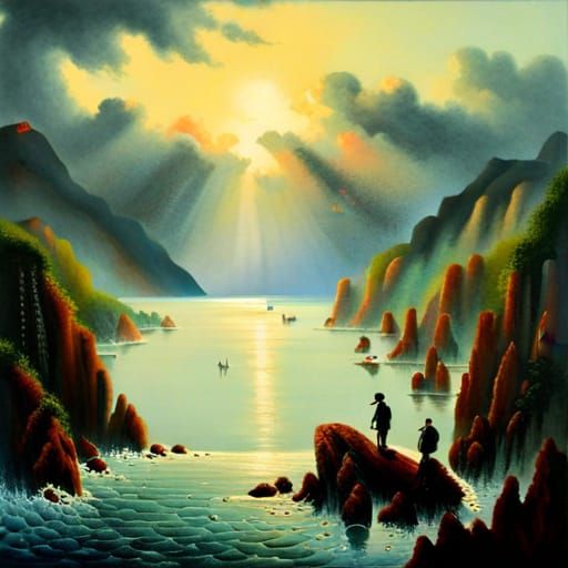 Seaside Village Fisherman in Asian Painting Style