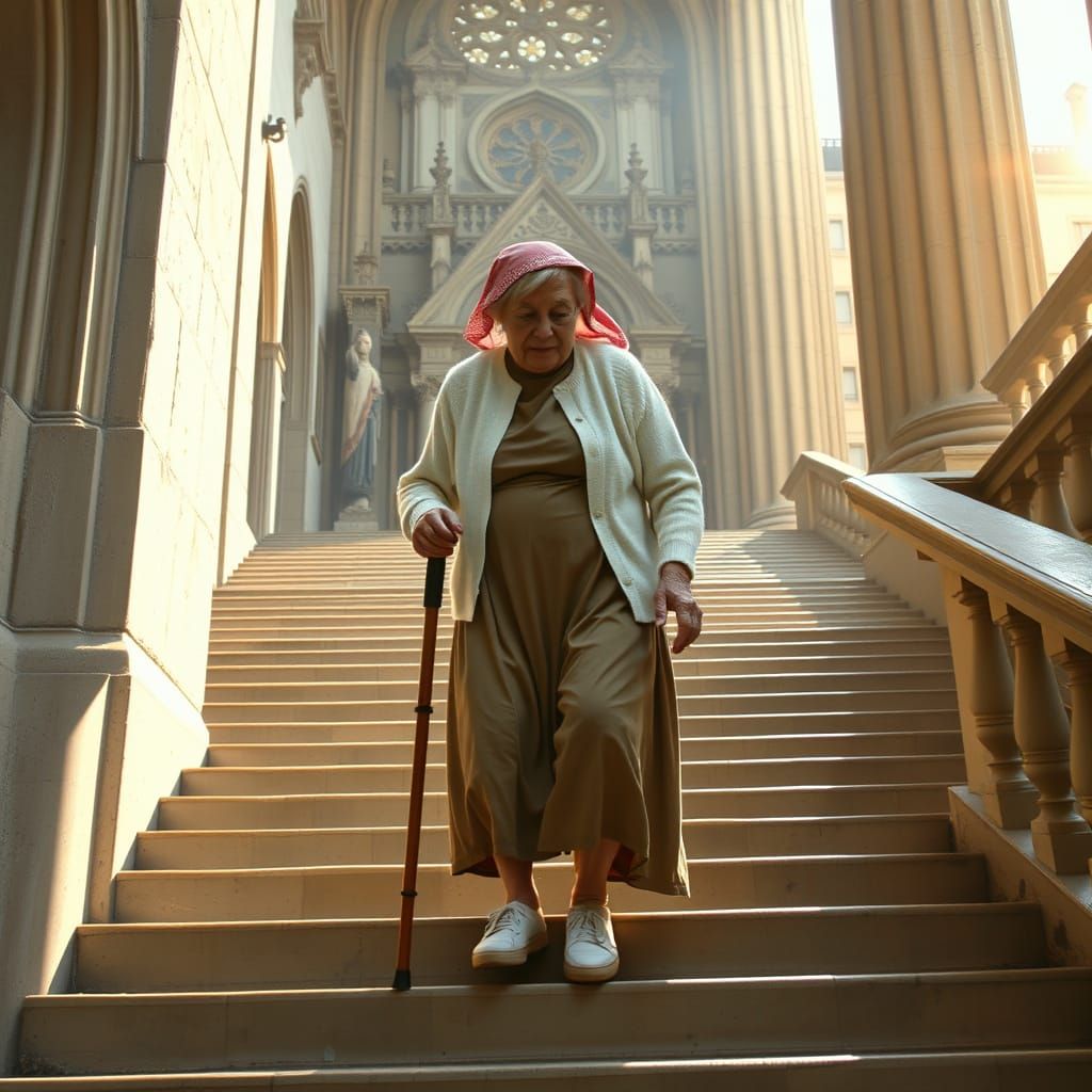 Elderly Woman Descending Cathedral Stairs: Impressionist Sty...