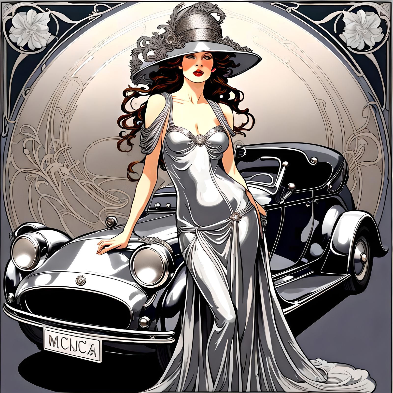 Woman wearing a slinky silver art nouveau dress standing in ...
