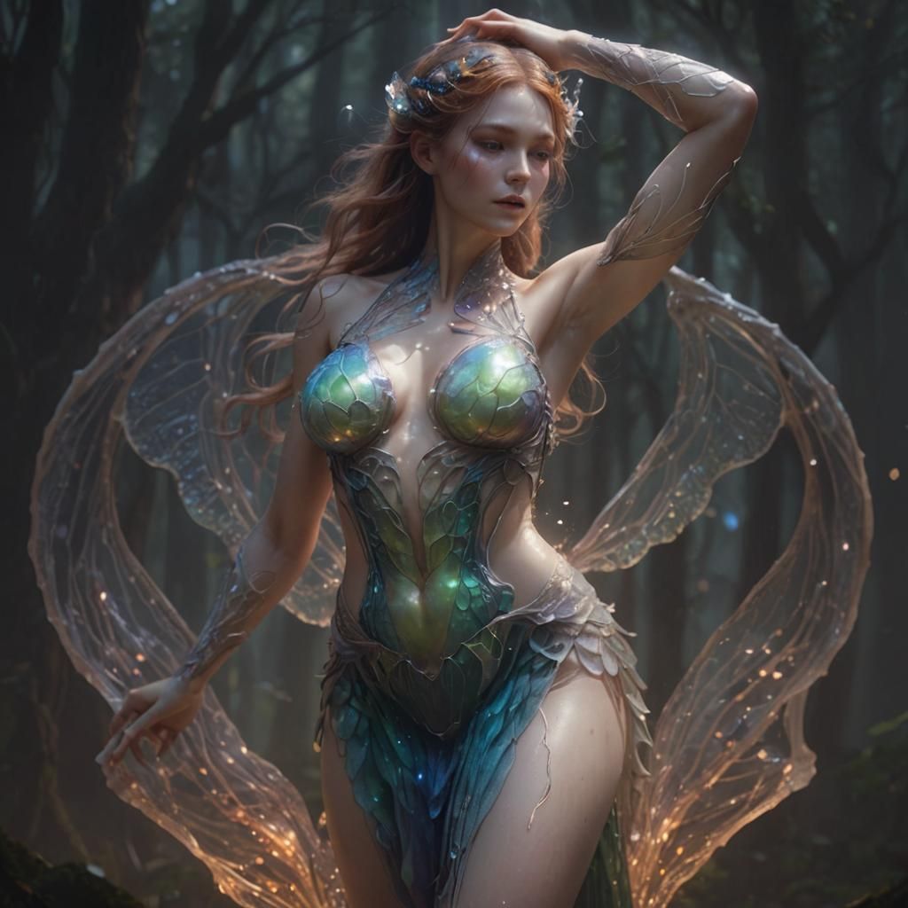 Woman's Ethereal Transformation in a Misty Forest