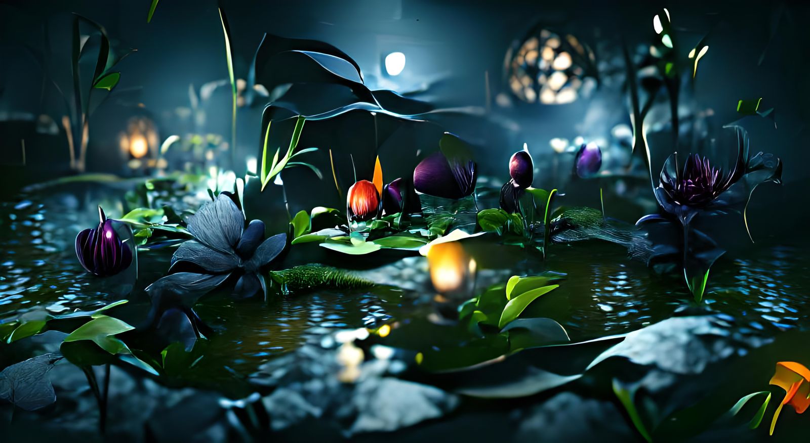 Secret Midnight Flower Garden with Pond in Impasto Style