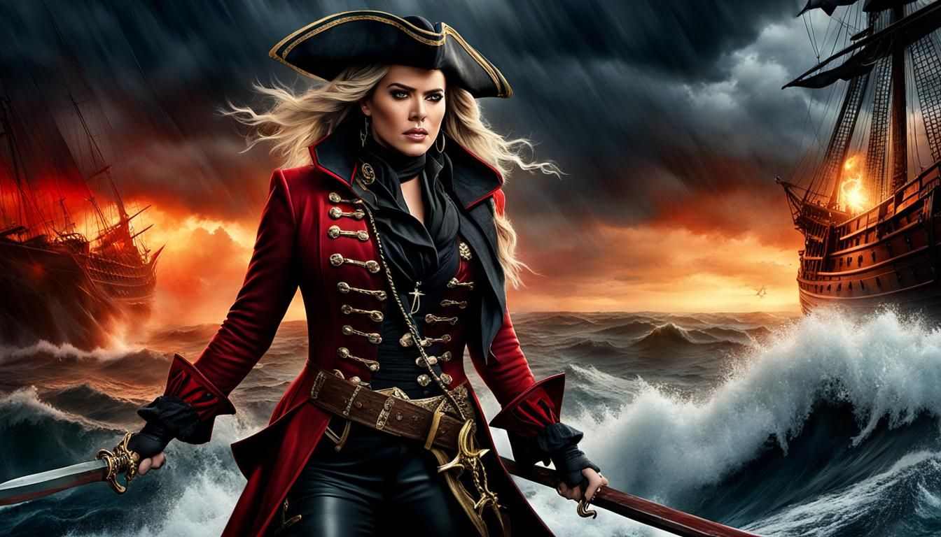 Pirate Captain with Hook Hand on Stormy Seas