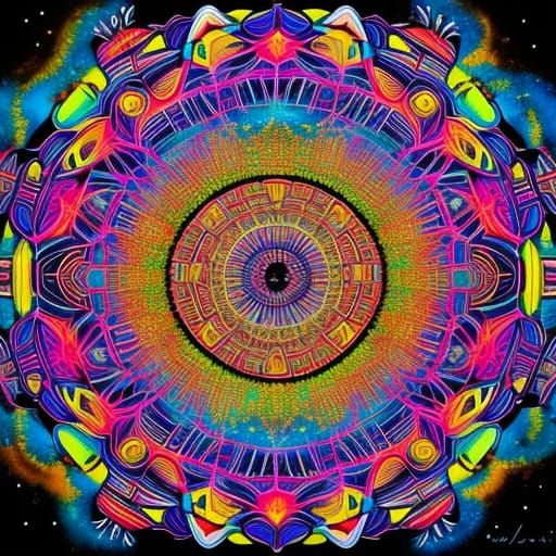 Vibrant Polychromatic Mandala Universe in High-Contrast Graf...