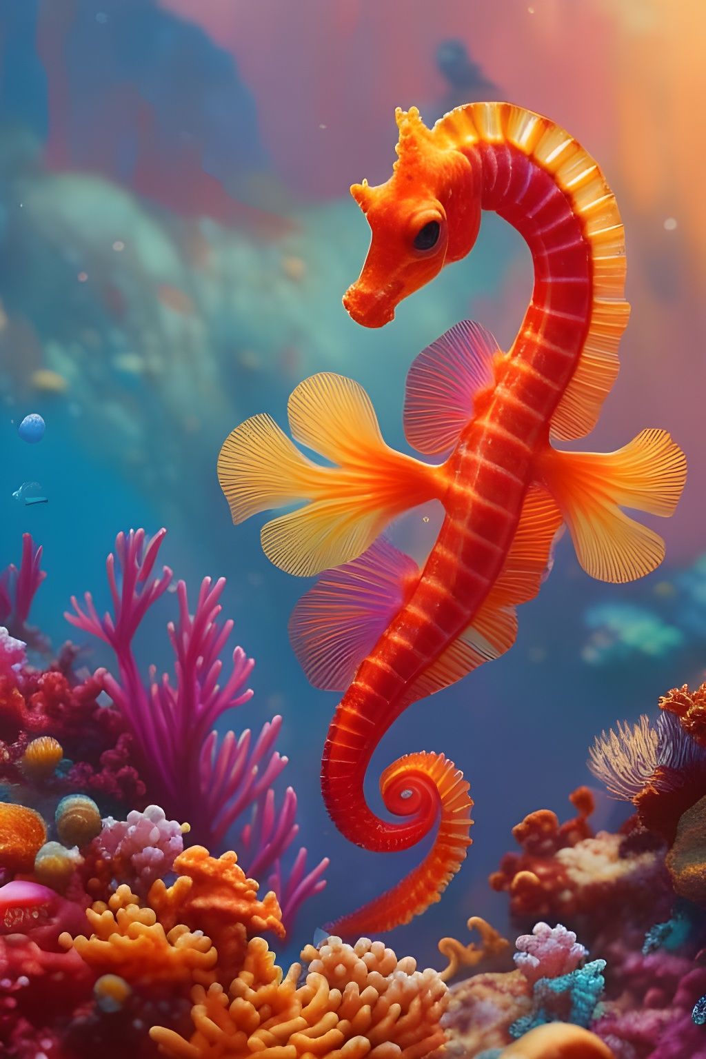 Colorful Seahorse Underwater Scene as Digital Painting