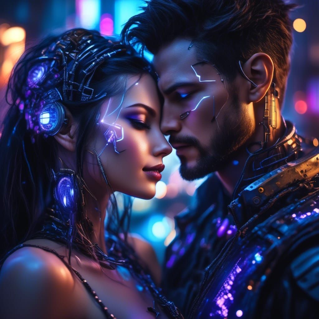 Cyberpunk Cyborgs Embrace in Post-Apocalyptic Wasteland