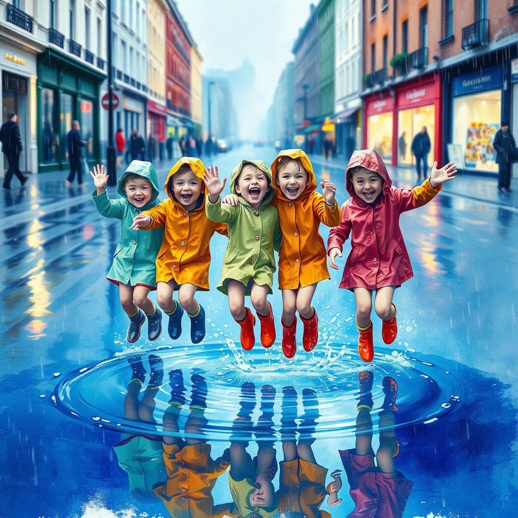 Children Laugh and Play in a Sparkling Blue Rain puddle