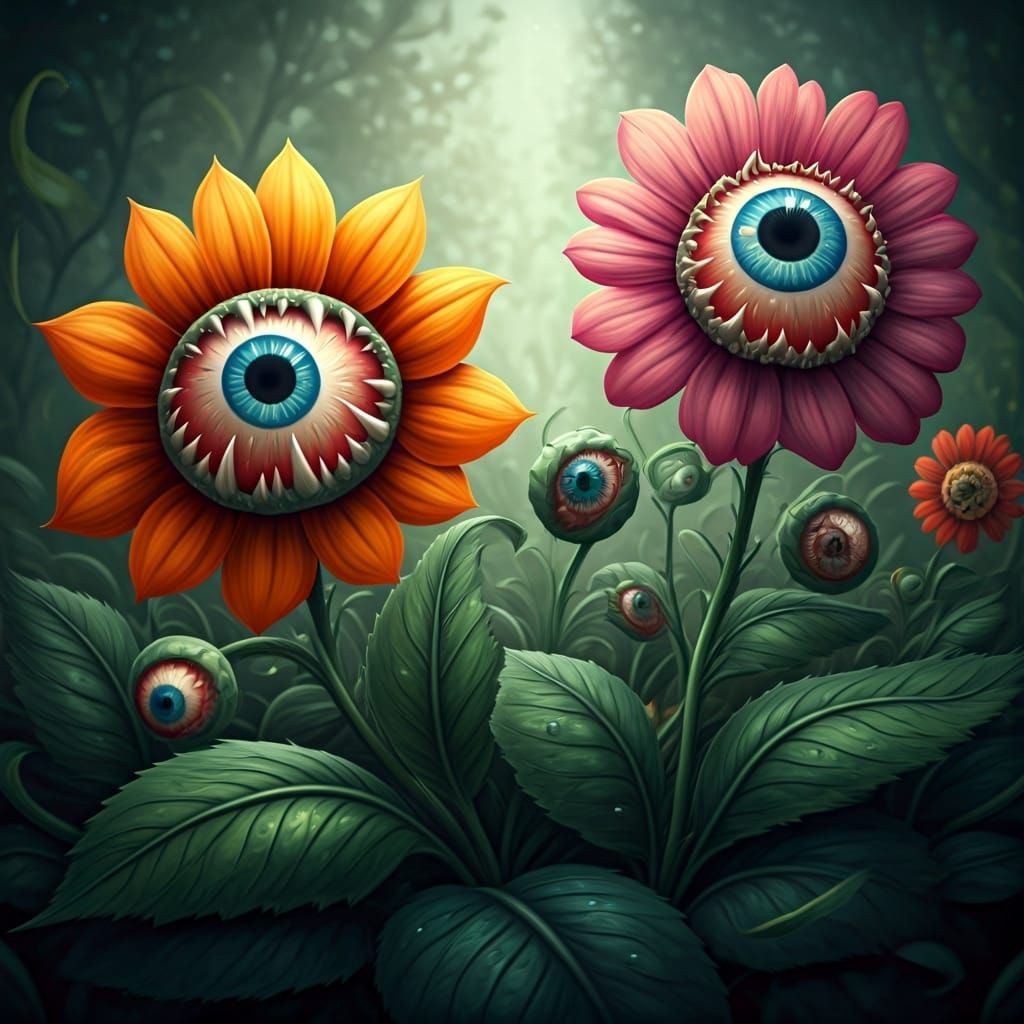 Surreal Garden of Flowers with Teeth and Eyes