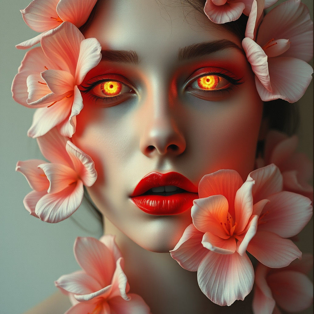 Surreal Woman with Red Mouth and Melting Flowers