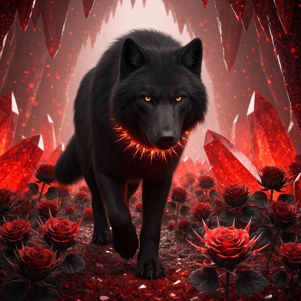 Hyperrealistic Black Wolf with Fire Rose Collar