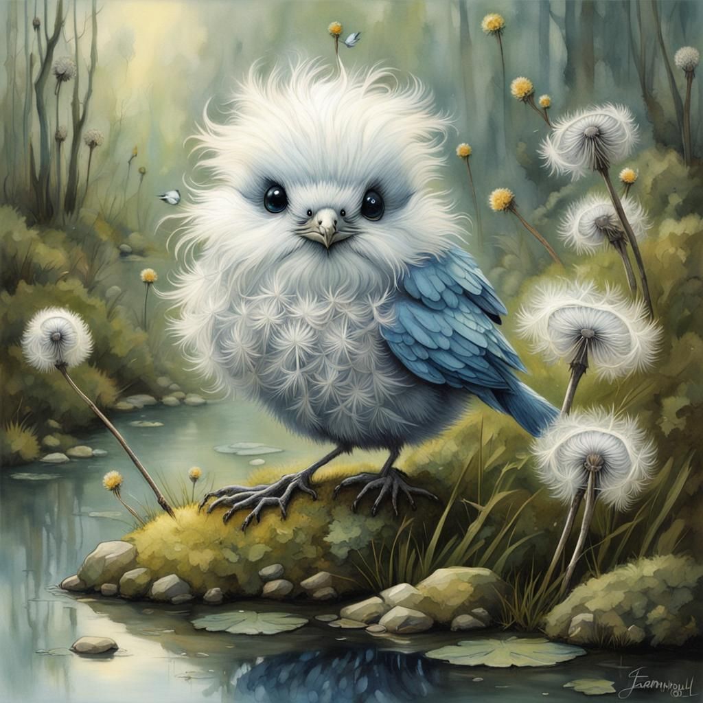 Adorable Silver Bird in Dandelion, Monge Style