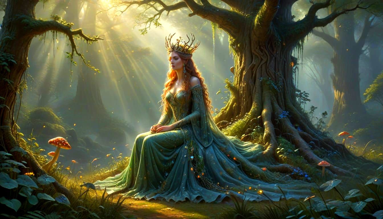 Forest Spirit Queen in Sun-Dappled Clearing