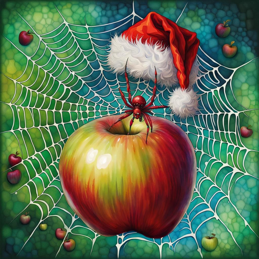 Festive Spider Web with Apple, Alcohol Ink Art