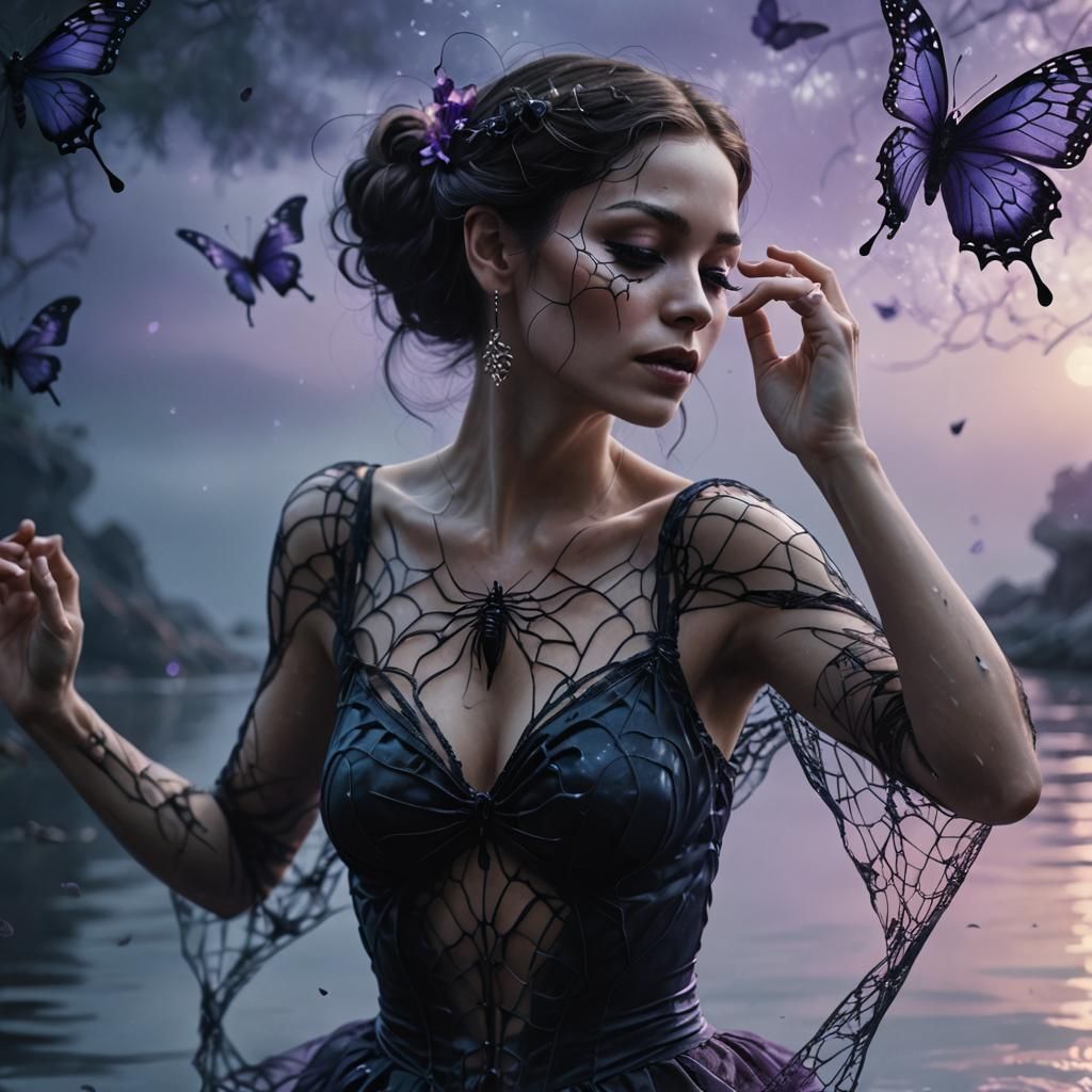 Marble Woman Dancing in Spiderwebs: Digital Art