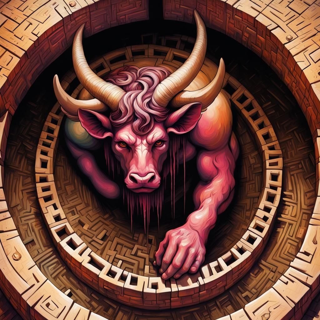 Minotaur in Mythological Labyrinth as Graffiti Art