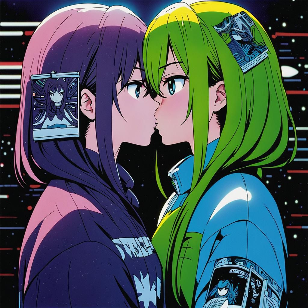 Anime Girls Kissing in Cel-Shaded Style