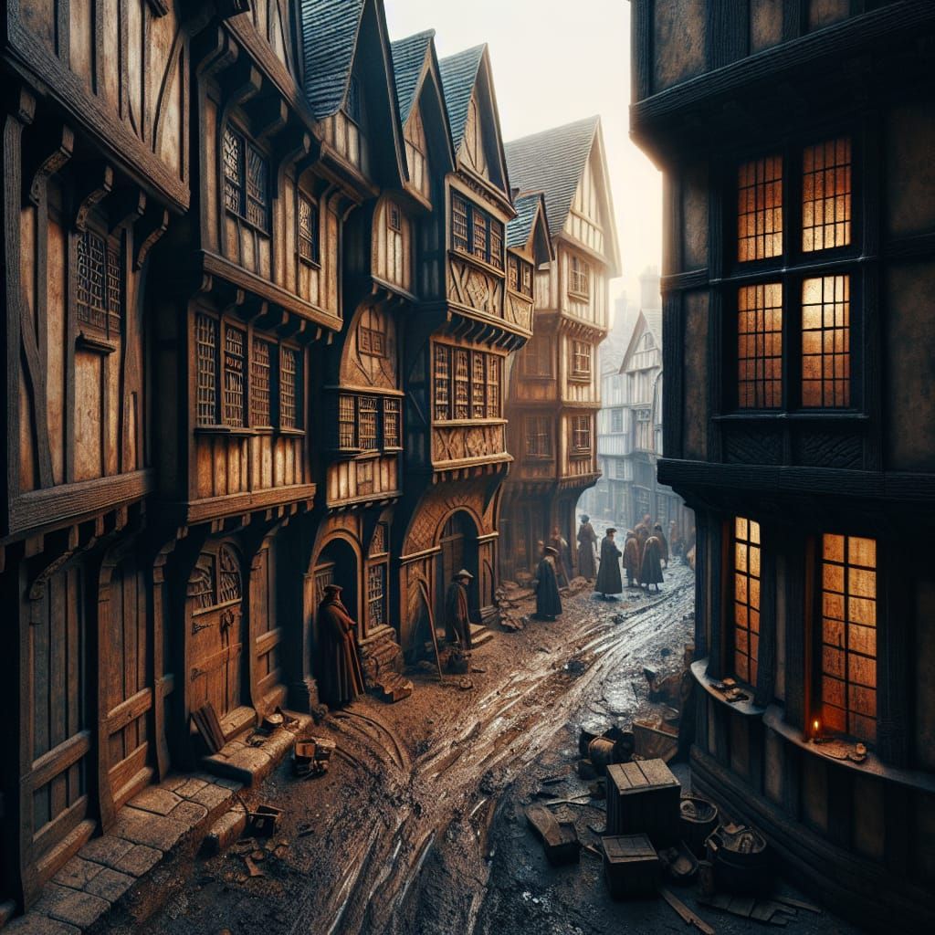 Bustling Tudor Street Scene at Twilight