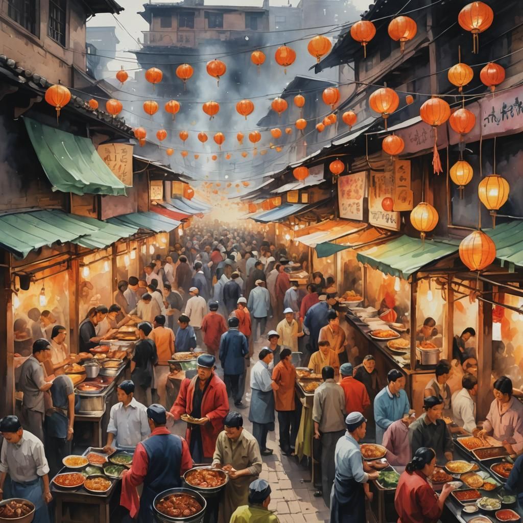 Vibrant Street Food Market in Watercolor Style