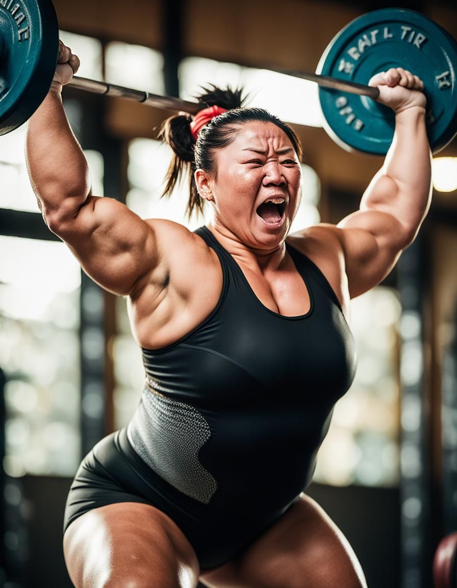 Plus Size Weightlifter Struggles in Sunlit Studio