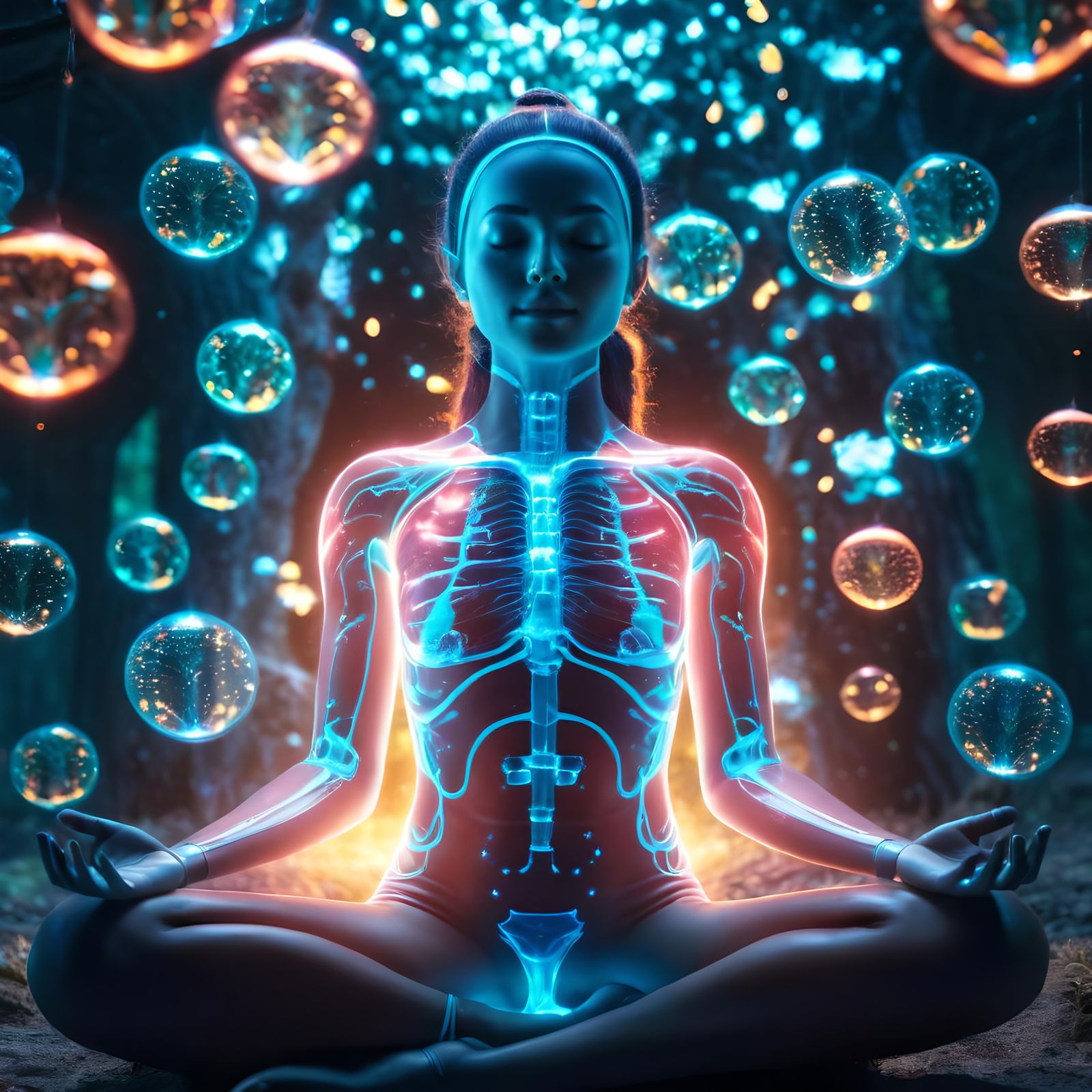 Bioluminescent Meditating Woman: Hyperrealistic Transparent ...