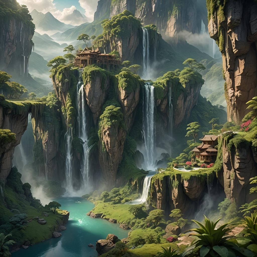 Floating Valley with Waterfalls: Fantasy Matte Painting