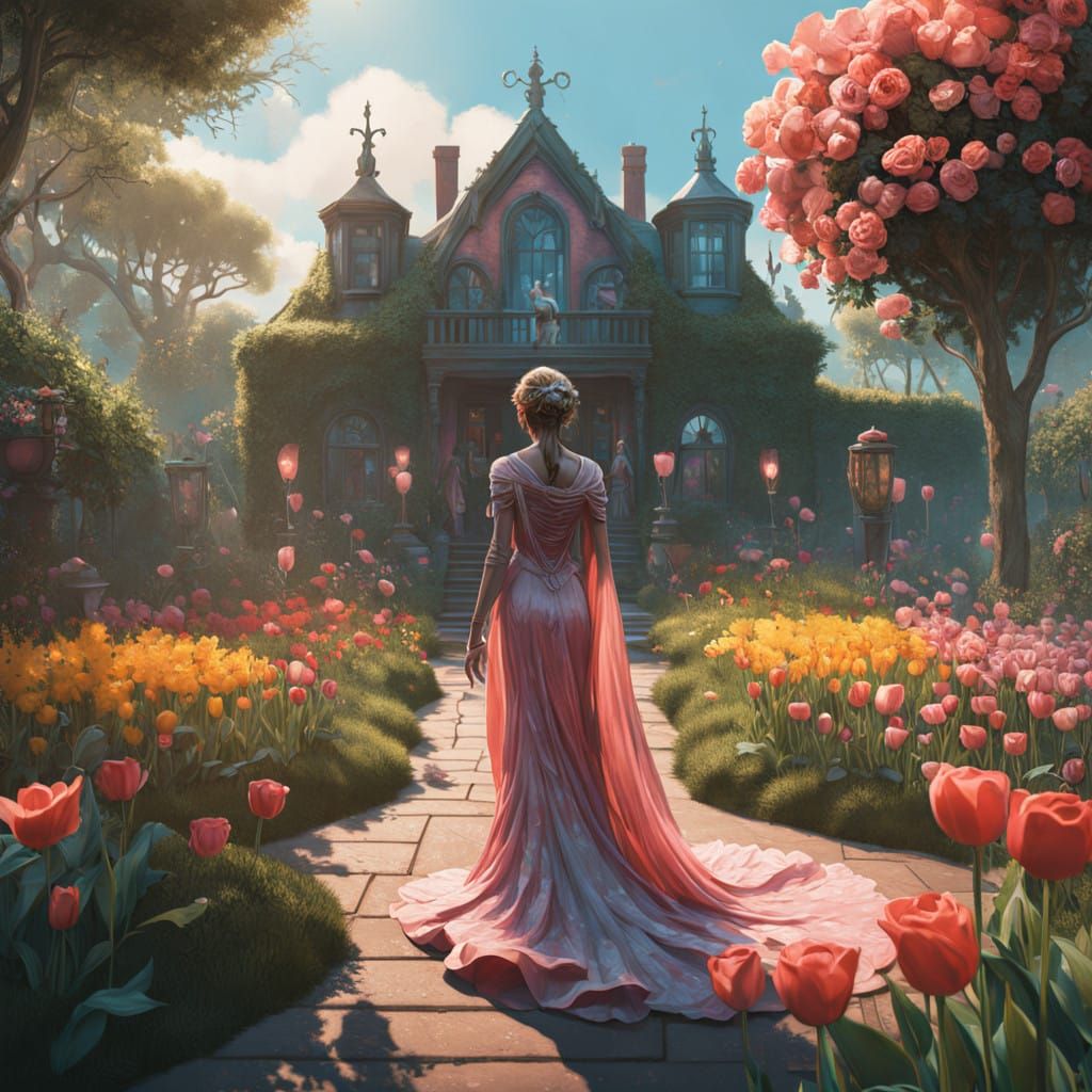Surreal Garden Goddess in Whimsical Rose Petal Paradise
