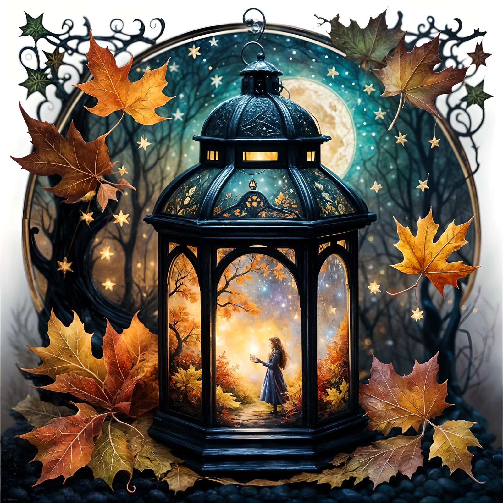 Starlit Autumn Landscape with Crystal Lantern, as Oil Painti...
