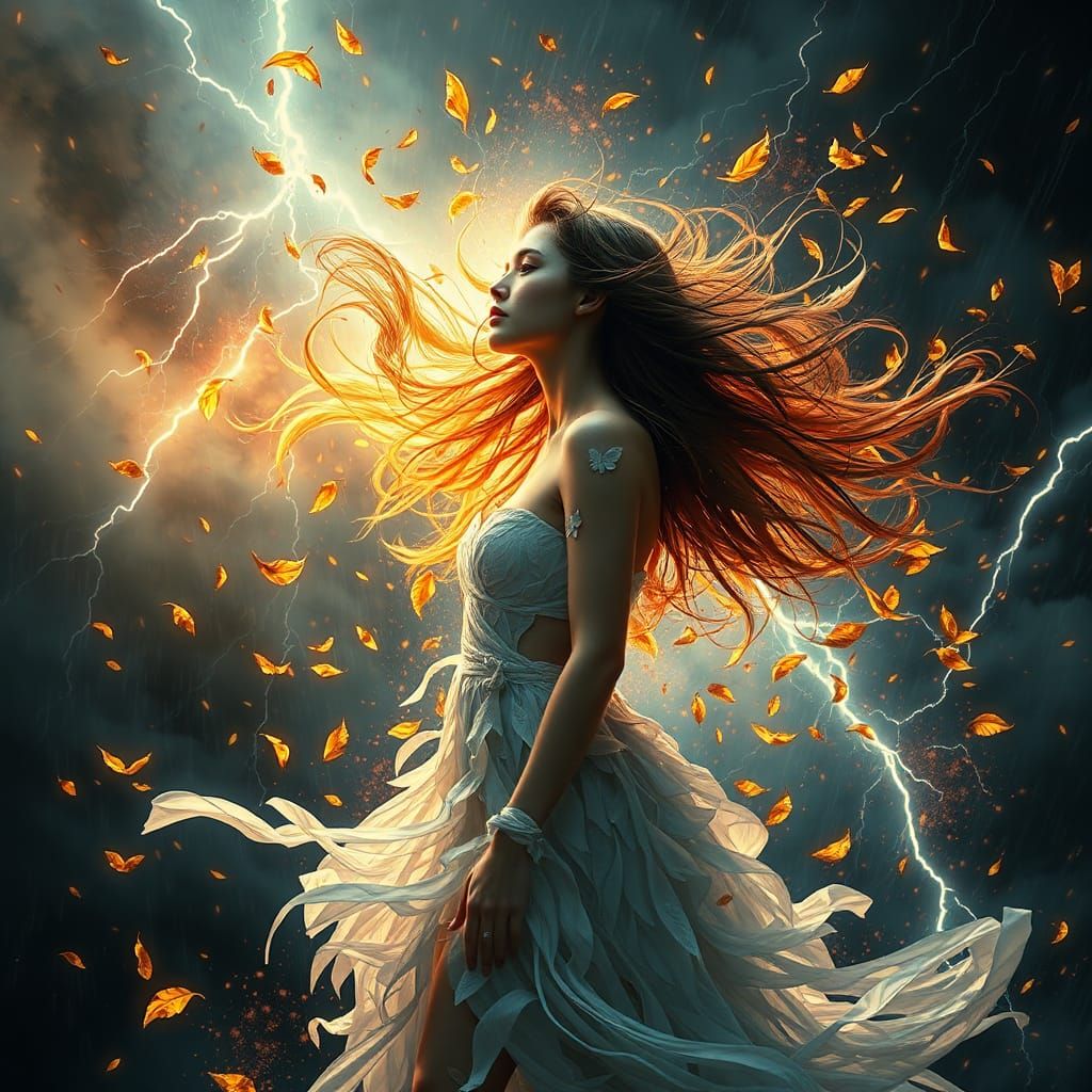 Woman in Leaf Dress Amidst Storm, Cinematic Portrait