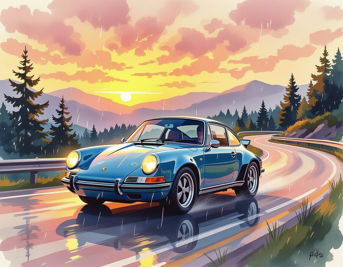 Porsche 911 on Serpentine Road as Watercolor Painting