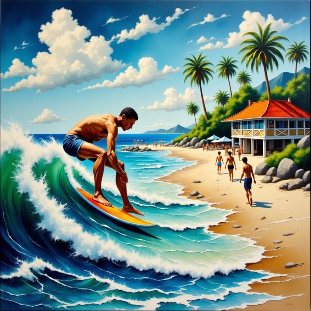 Surfer Rides Wave on Sunny Beach in Impressionist Style