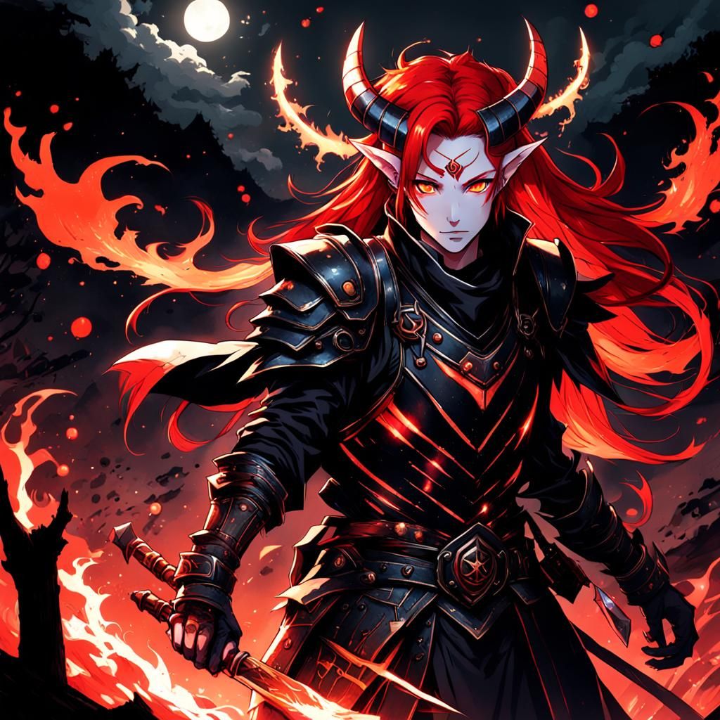 Tiefling Warrior Woman with Red Hair in Anime Style