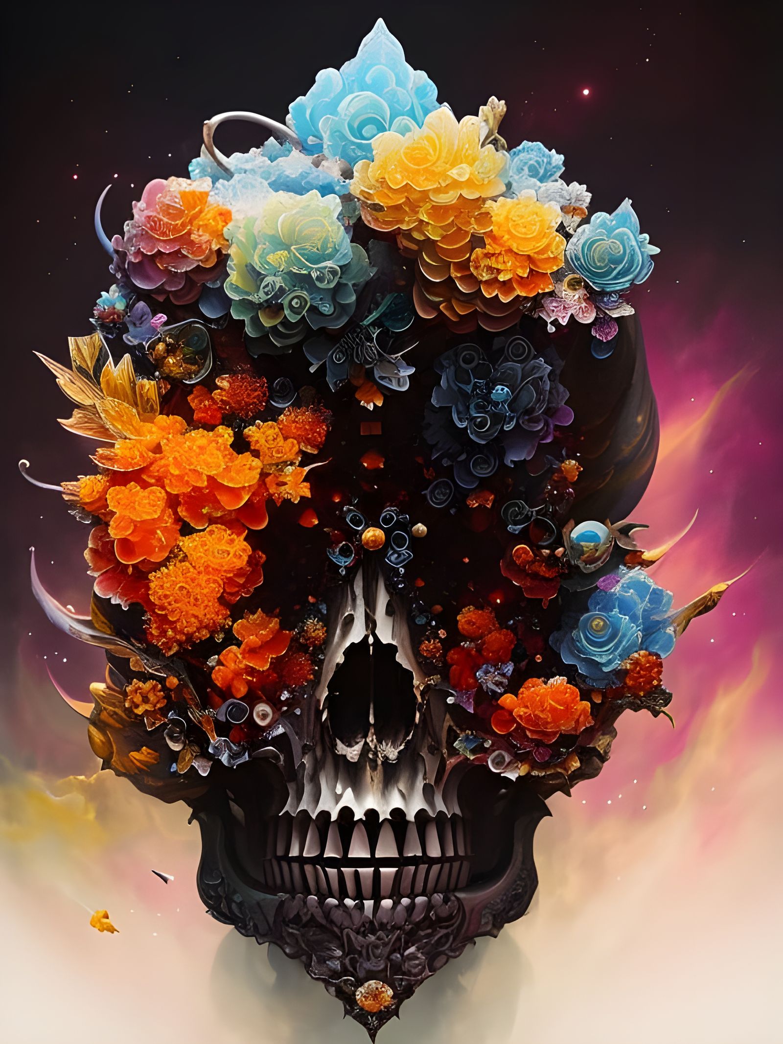 Crystallized Flower Skull in Calligraphy Ink