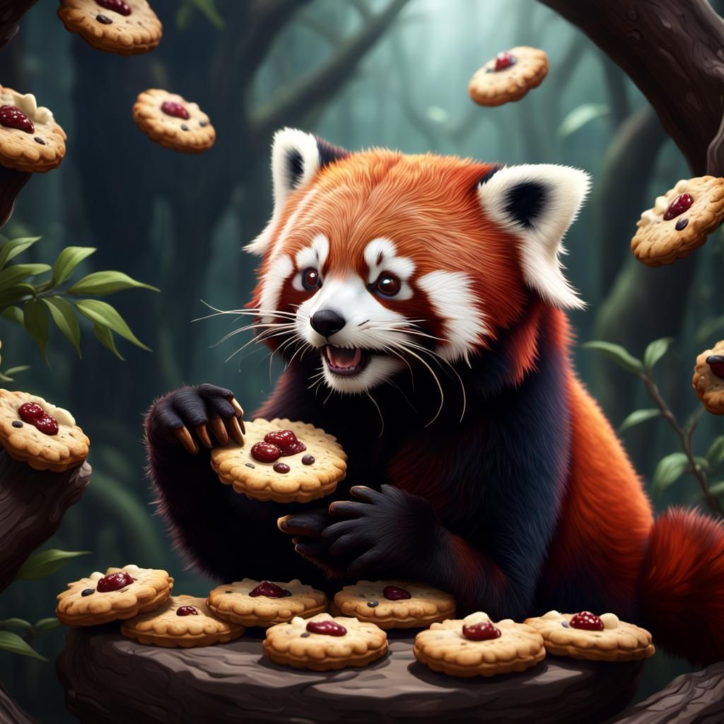Red Panda Eating Cookies: Detailed Fantasy Art